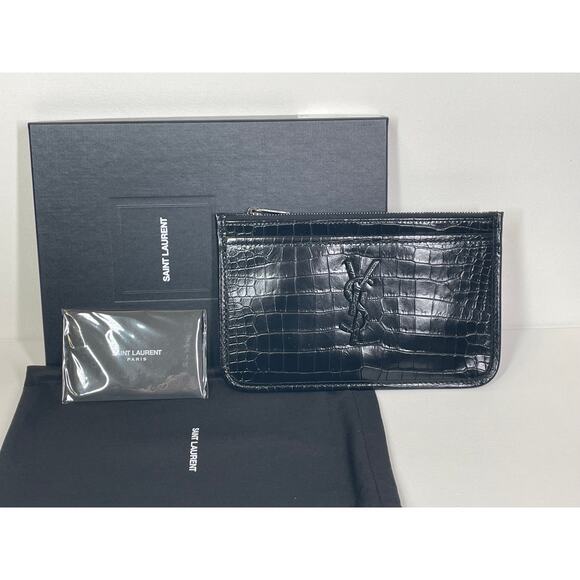 NEW! SAINT LAURENT CROC BLACK LEATHER ZIP YSL POUCH BAG WALLET CARD HOLDER BOX! - Picture 2 of 8